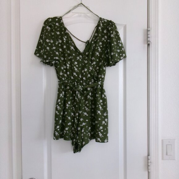 MIAMI Olive Army Green & White Floral Fit and Flare Romper S Surplice Tie Belt - Picture 2 of 12
